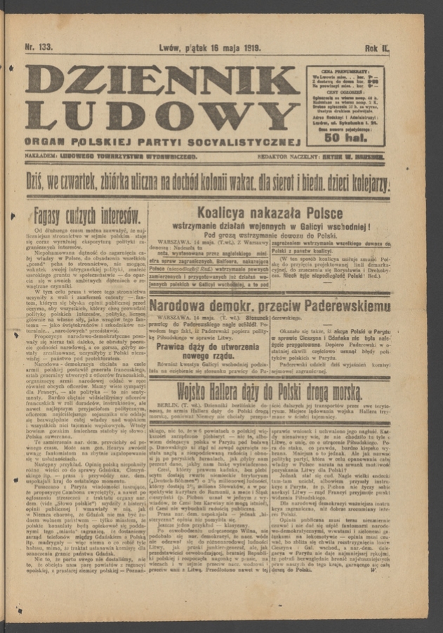 Dziennik Ludowy : organ Polskiej Partyi Socyalistycznej. Rok 2, 1919, numer 133