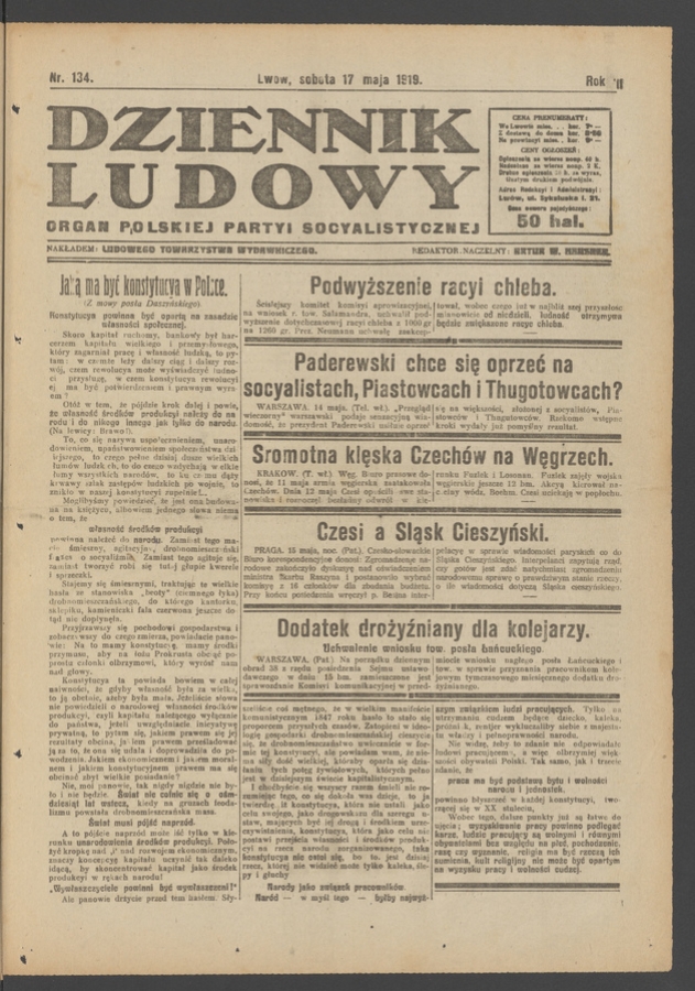 Dziennik Ludowy : organ Polskiej Partyi Socyalistycznej. Rok 2, 1919, numer 134