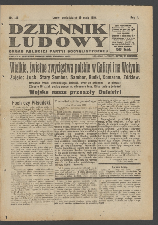 Dziennik Ludowy : organ Polskiej Partyi Socyalistycznej. Rok 2, 1919, numer 136