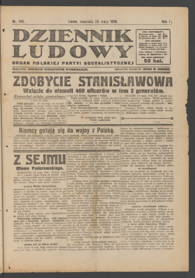 Dziennik Ludowy : organ Polskiej Partyi Socyalistycznej. Rok 2, 1919, numer 142