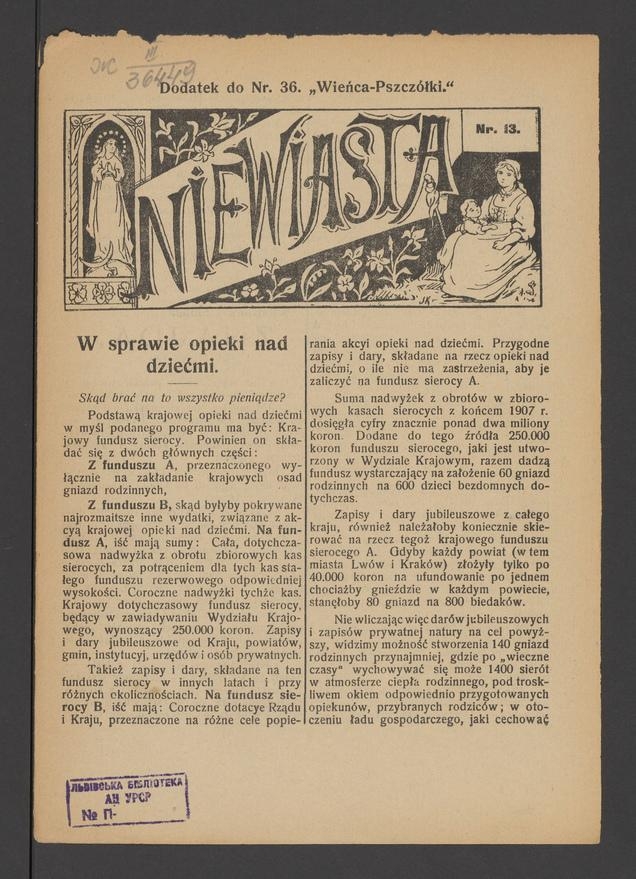Niewiasta : dodatek do numeru 36 „Wieńca-Pszczółki”. Rok 8, 1908, numer 13