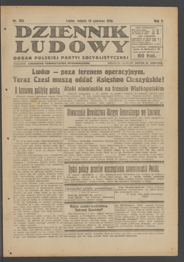Dziennik Ludowy : organ Polskiej Partyi Socyalistycznej. Rok 2, 1919, numer 160