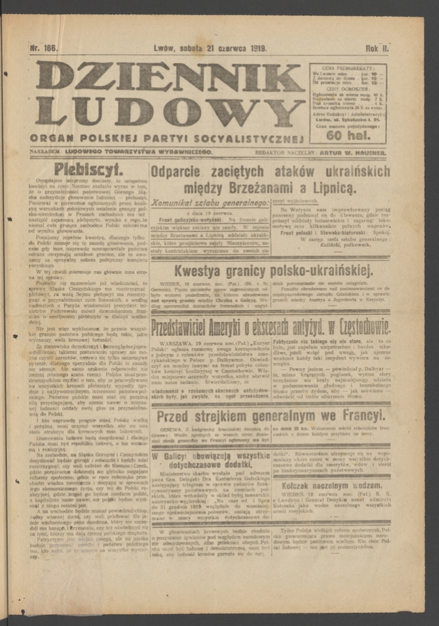 Dziennik Ludowy : organ Polskiej Partyi Socyalistycznej. Rok 2, 1919, numer 166