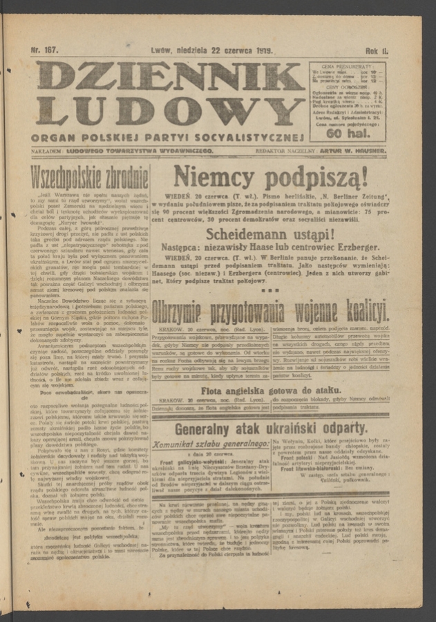 Dziennik Ludowy : organ Polskiej Partyi Socyalistycznej. Rok 2, 1919, numer 167