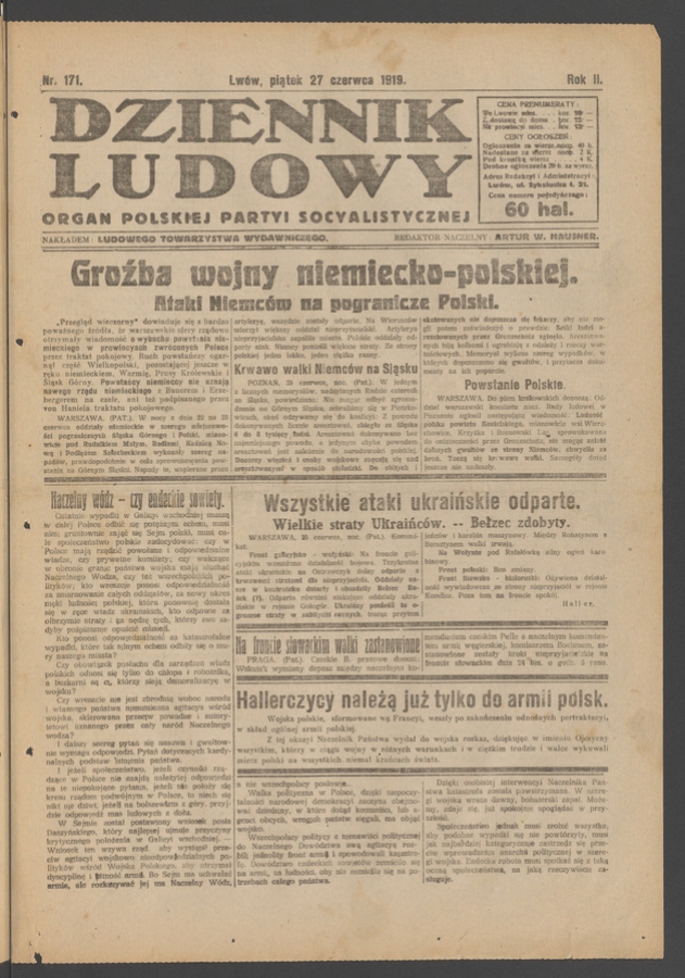 Dziennik Ludowy : organ Polskiej Partyi Socyalistycznej. Rok 2, 1919, numer 171