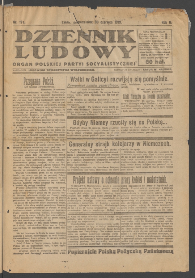 Dziennik Ludowy : organ Polskiej Partyi Socyalistycznej. Rok 2, 1919, numer 174