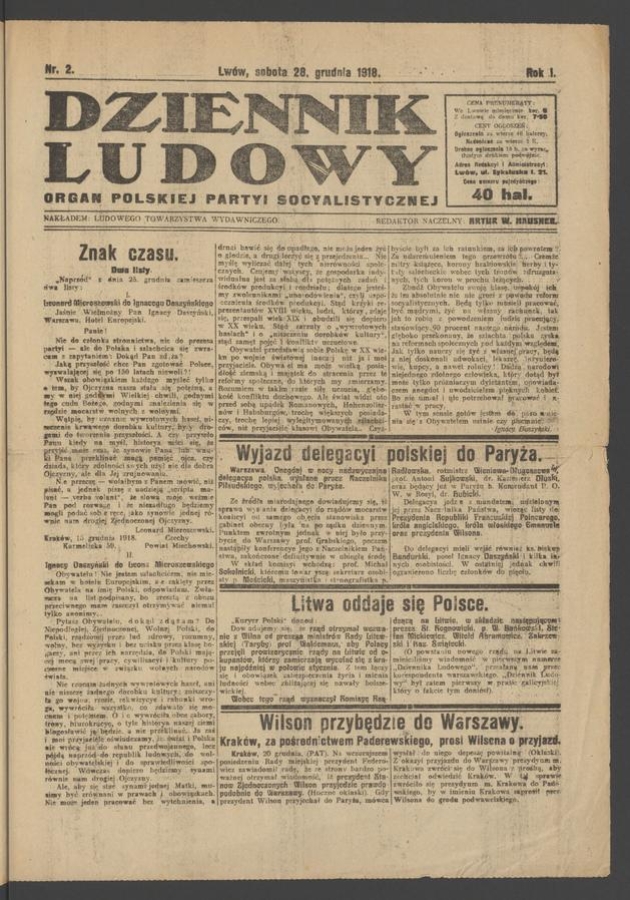 Dziennik Ludowy : organ Polskiej Partyi Socyalistycznej. Rok 1, 1918, numer 2