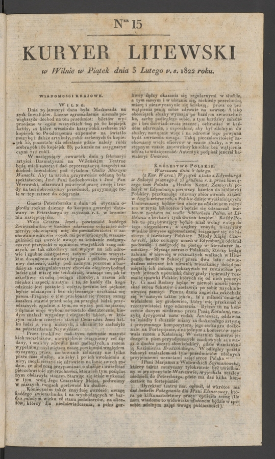 Kuryer Litewski. 1822, numer 15