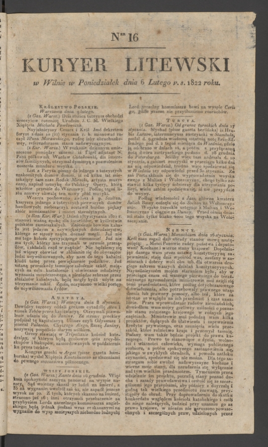 Kuryer Litewski. 1822, numer 16