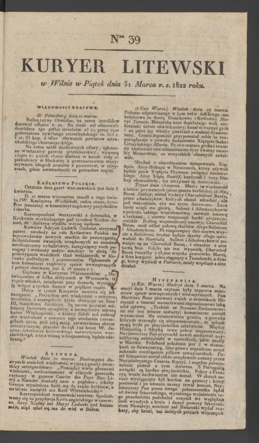 Kuryer Litewski. 1822, numer 39