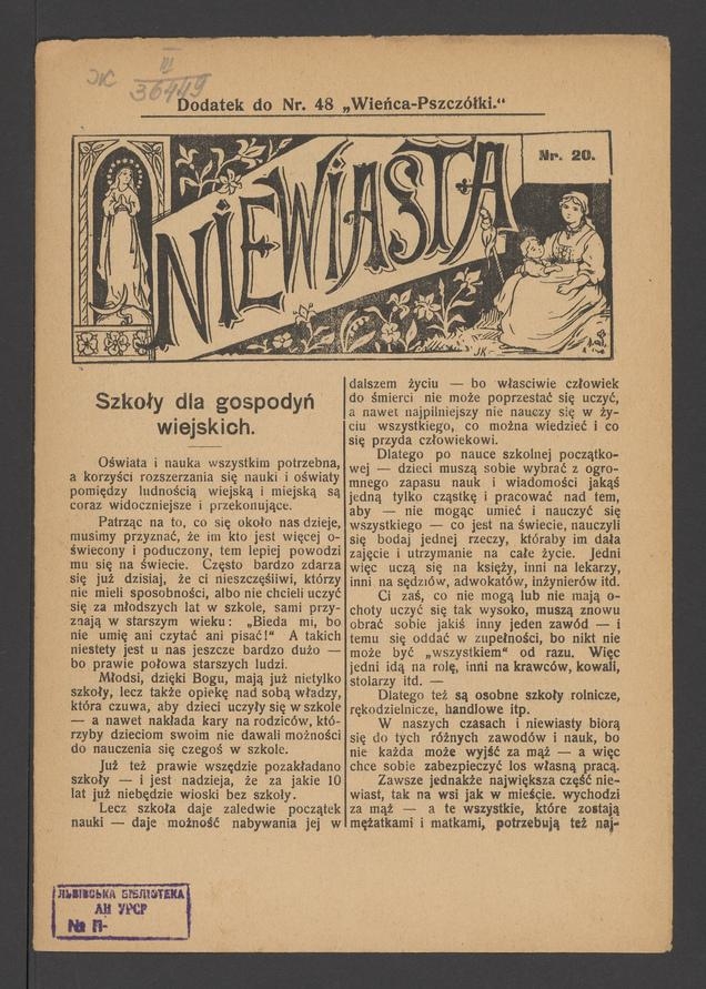 Niewiasta : dodatek do numeru 48 „Wieńca-Pszczółki”. Rok 8, 1908, numer 20