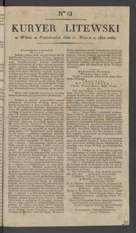 Kuryer Litewski. 1822, numer 61