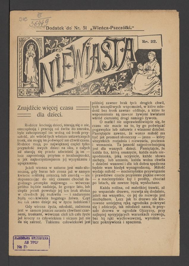 Niewiasta : dodatek do numeru 51 „Wieńca-Pszczółki”. Rok 8, 1908, numer 22
