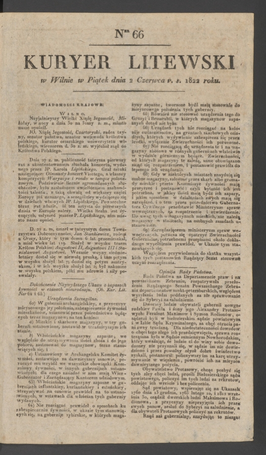 Kuryer Litewski. 1822, numer 66