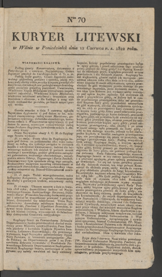 Kuryer Litewski. 1822, numer 70