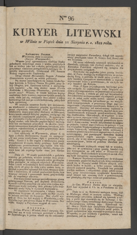 Kuryer Litewski. 1822, numer 96