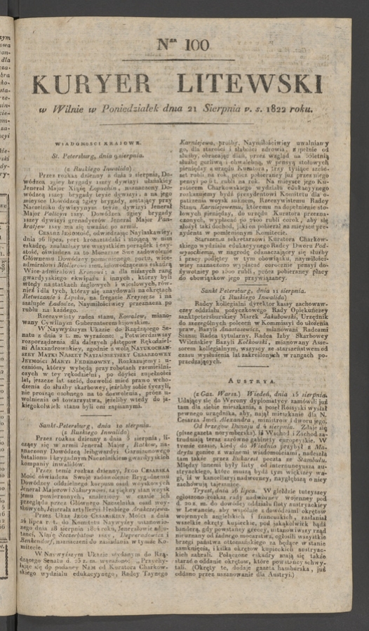 Kuryer Litewski. 1822, numer 100