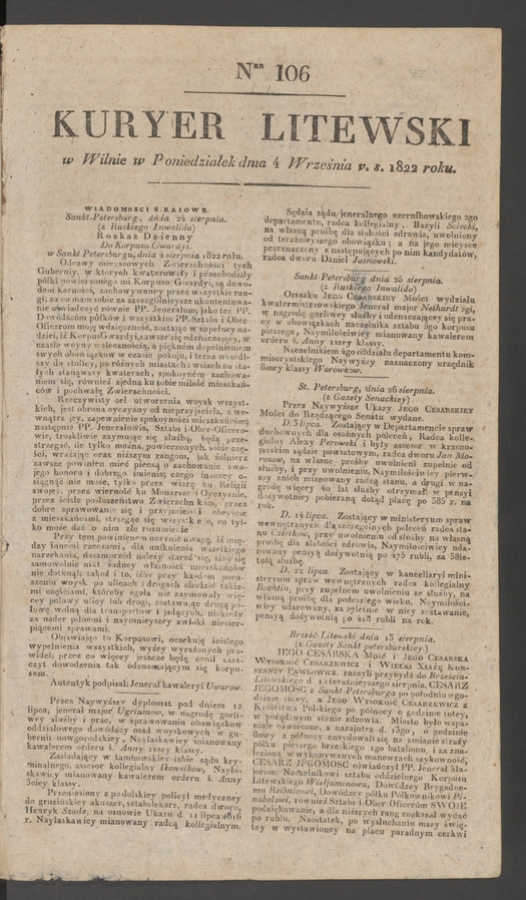 Kuryer Litewski. 1822, numer 106