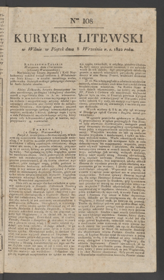 Kuryer Litewski. 1822, numer 108