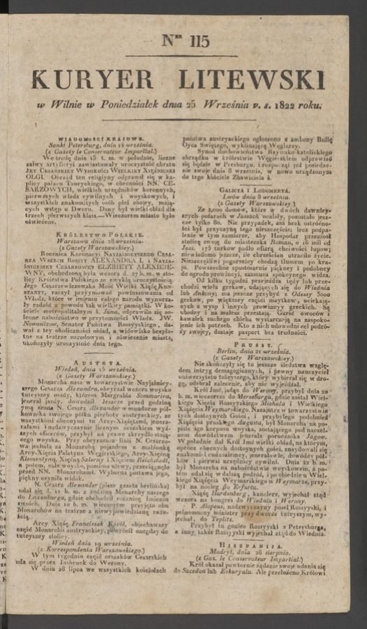 Kuryer Litewski. 1822, numer 115