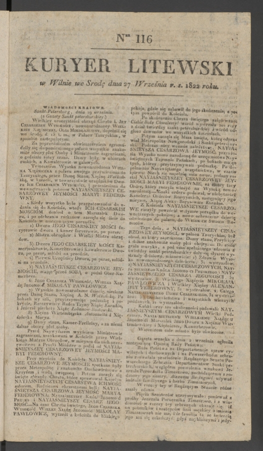 Kuryer Litewski. 1822, numer 116