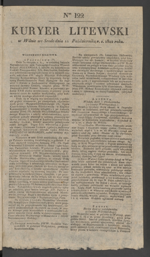 Kuryer Litewski. 1822, numer 122