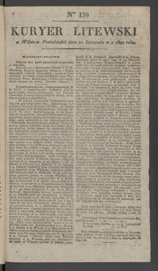 Kuryer Litewski. 1822, numer 139