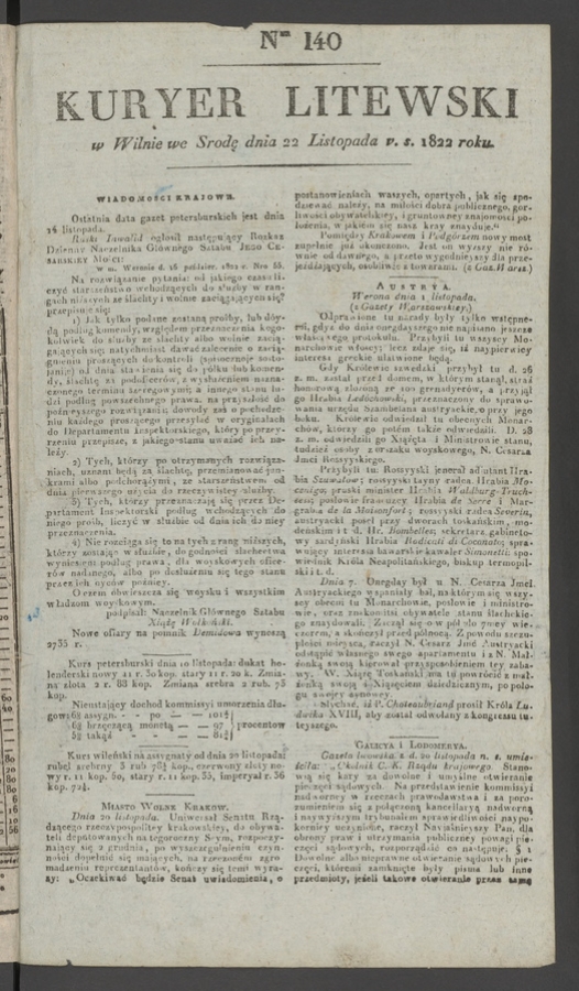 Kuryer Litewski. 1822, numer 140