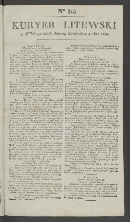 Kuryer Litewski. 1822, numer 143
