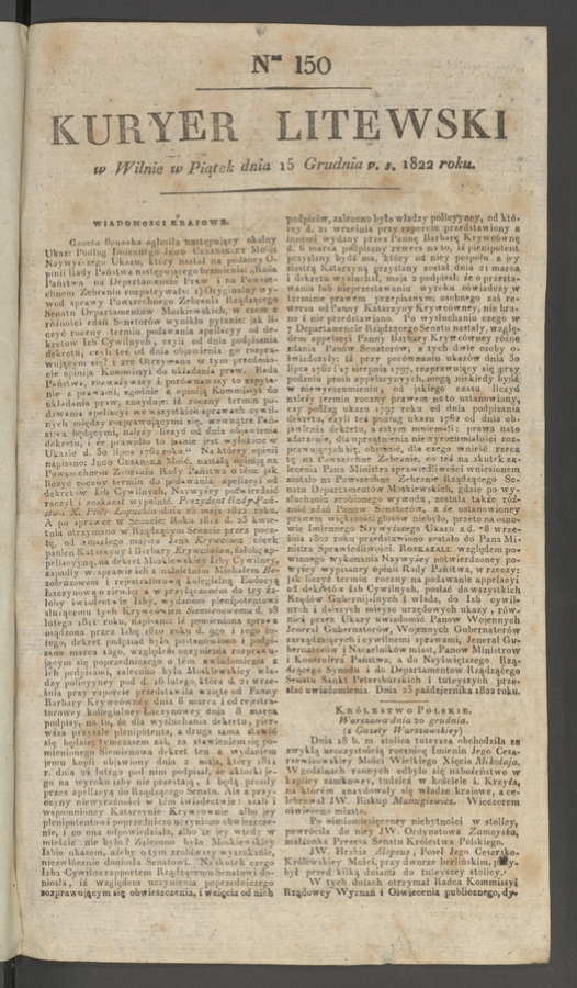 Kuryer Litewski. 1822, numer 150