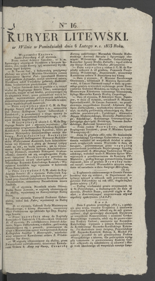 Kuryer Litewski. 1833, numer 16