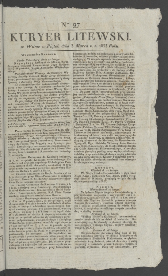 Kuryer Litewski. 1833, numer 27