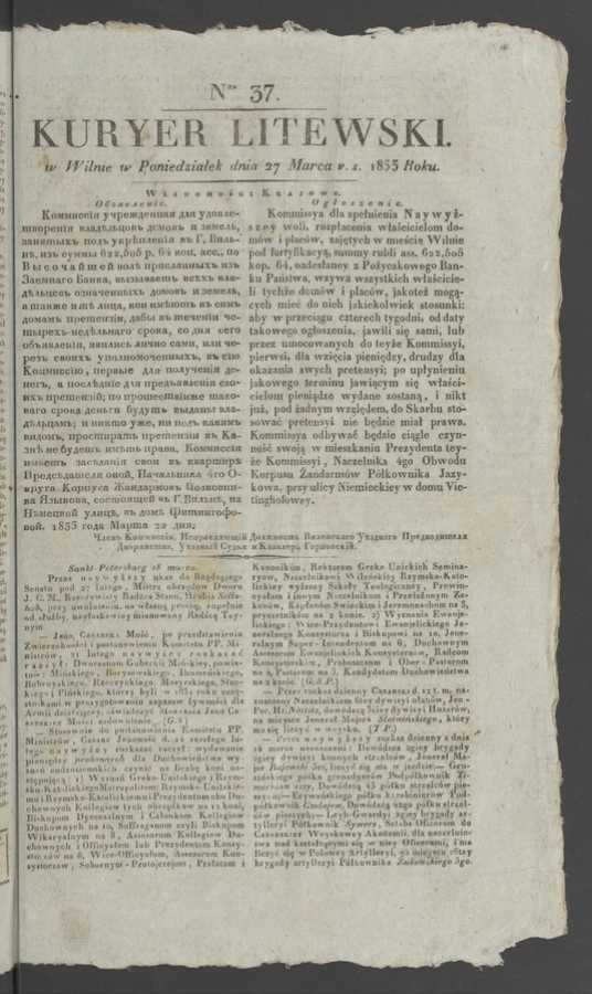 Kuryer Litewski. 1833, numer 37