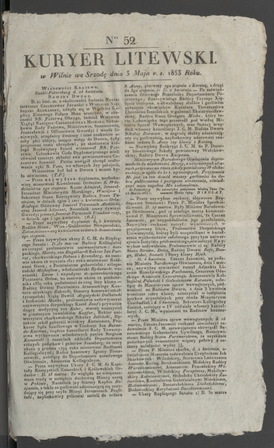 Kuryer Litewski. 1833, numer 52