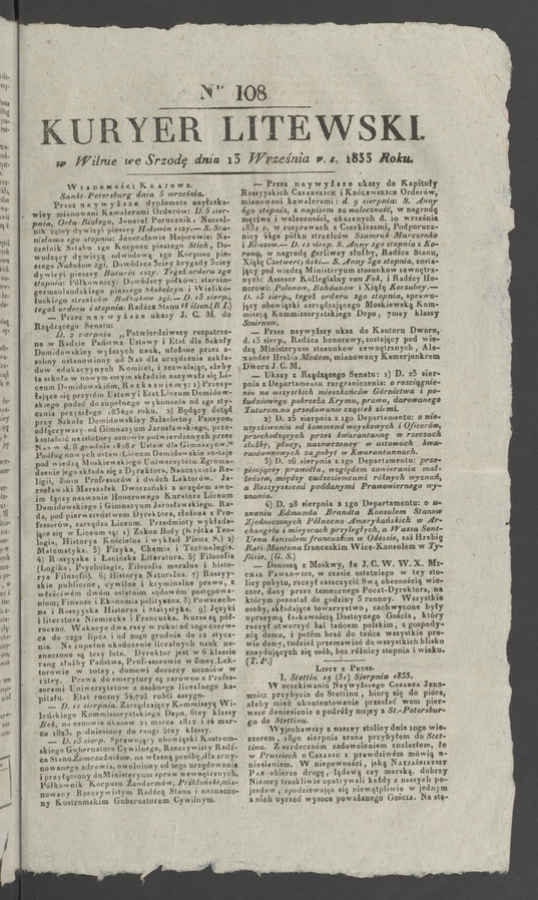 Kuryer Litewski. 1833, numer 108