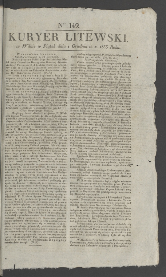 Kuryer Litewski. 1833, numer 142