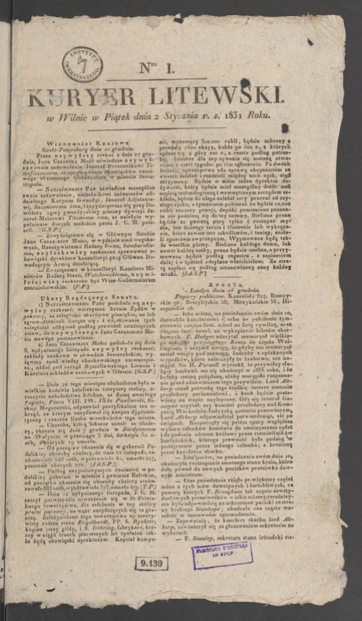 Kuryer Litewski. 1831, numer 1