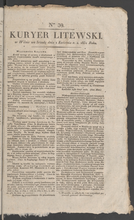 Kuryer Litewski. 1831, numer 39