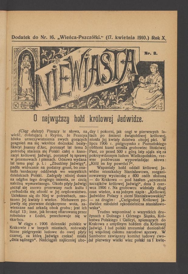 Niewiasta : dodatek do numeru 16 „Wieńca-Pszczółki”. Rok 10, 1910, numer 8