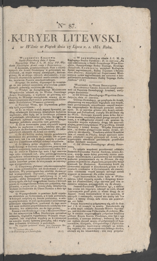 Kuryer Litewski. 1831, numer 87