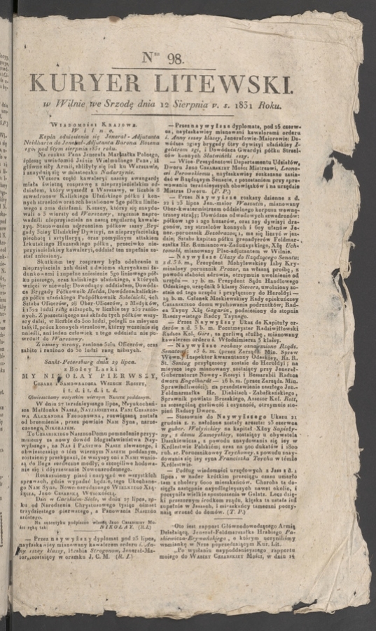 Kuryer Litewski. 1831, numer 98