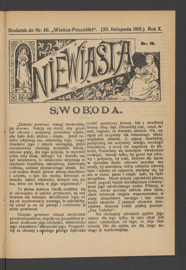 Niewiasta : dodatek do numeru 46 „Wieńca-Pszczółki”. Rok 10, 1910, numer 19