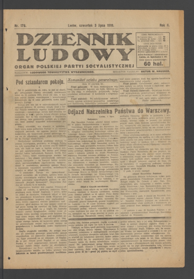 Dziennik Ludowy : organ Polskiej Partyi Socyalistycznej. Rok 2, 1919, numer 176