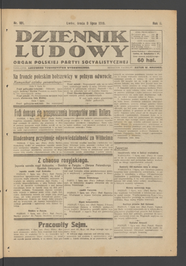 Dziennik Ludowy : organ Polskiej Partyi Socyalistycznej. Rok 2, 1919, numer 181