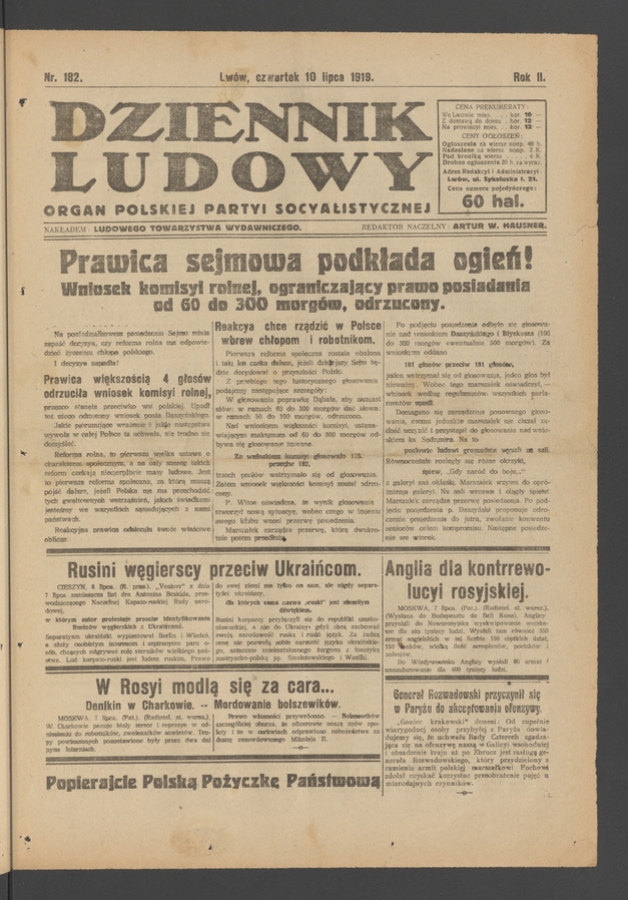 Dziennik Ludowy : organ Polskiej Partyi Socyalistycznej. Rok 2, 1919, numer 182