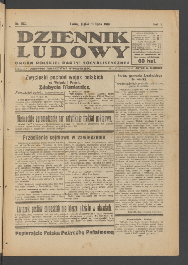 Dziennik Ludowy : organ Polskiej Partyi Socyalistycznej. Rok 2, 1919, numer 183