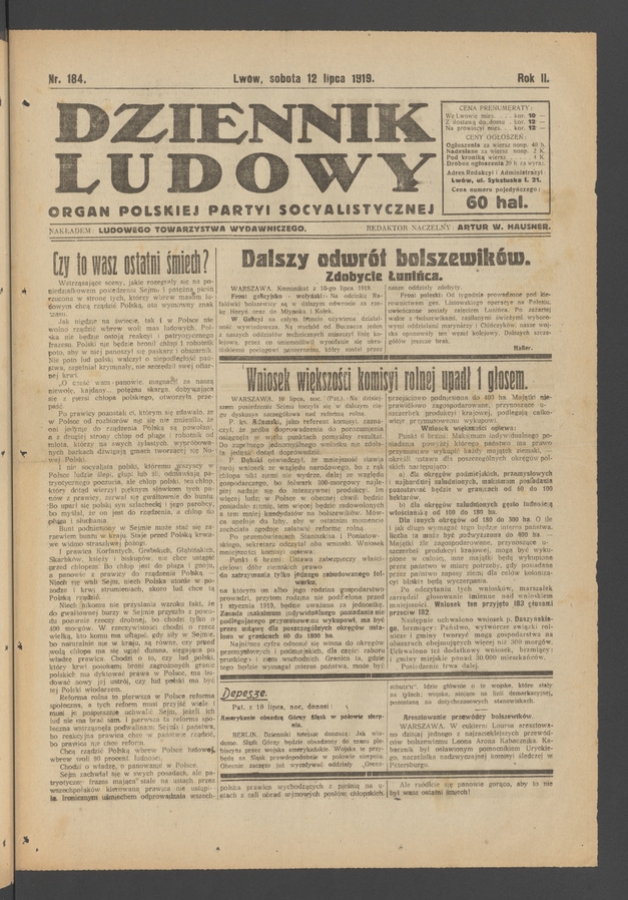 Dziennik Ludowy : organ Polskiej Partyi Socyalistycznej. Rok 2, 1919, numer 184