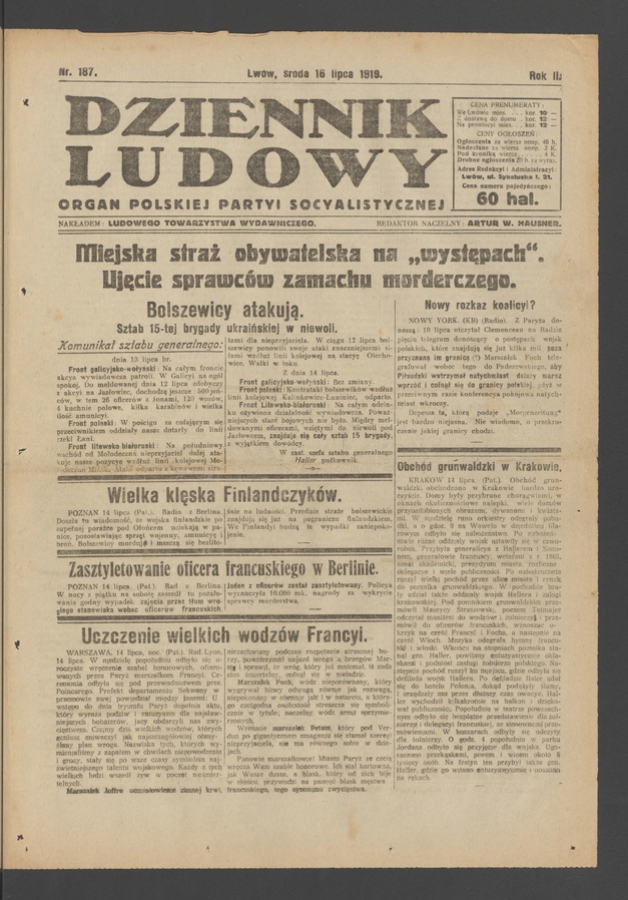 Dziennik Ludowy : organ Polskiej Partyi Socyalistycznej. Rok 2, 1919, numer 187
