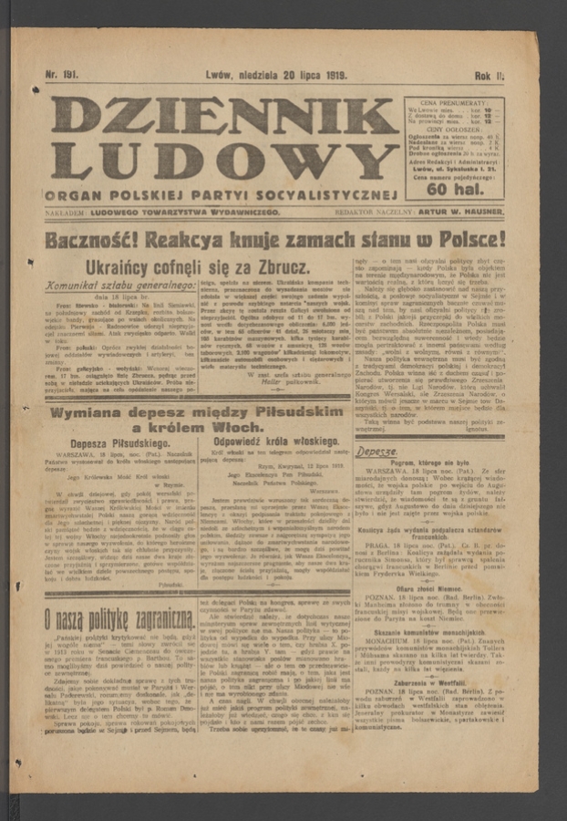Dziennik Ludowy : organ Polskiej Partyi Socyalistycznej. Rok 2, 1919, numer 191