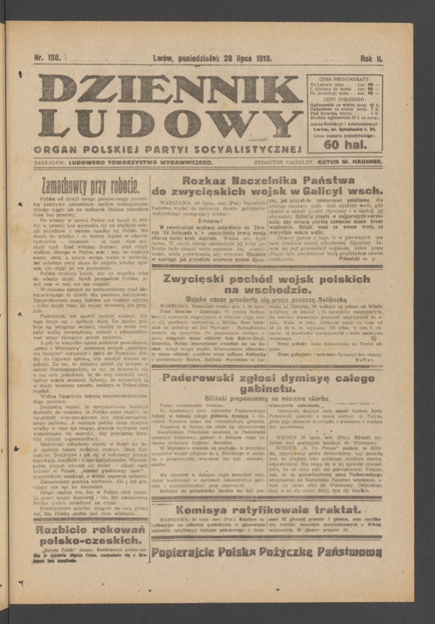 Dziennik Ludowy : organ Polskiej Partyi Socyalistycznej. Rok 2, 1919, numer 198